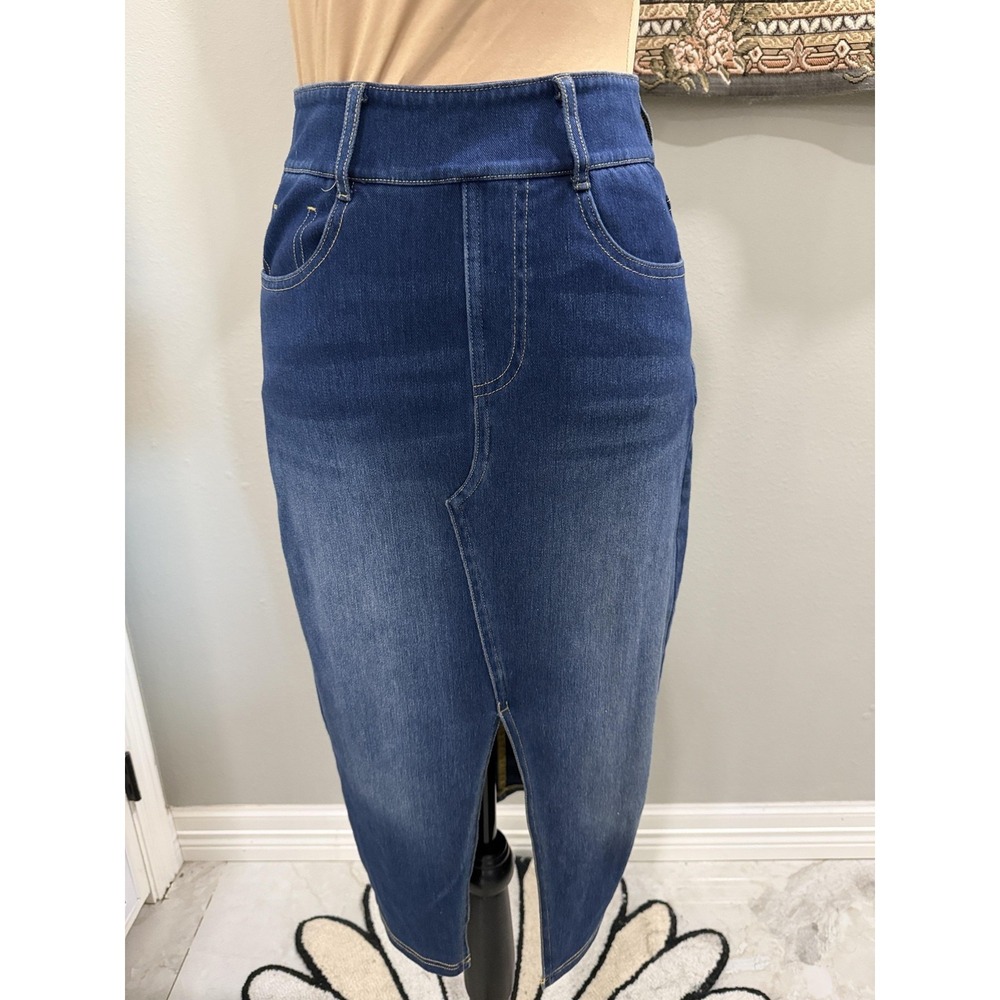 Halara Skirt Womens XS Blue Denim Midi Pencil Slit Pull On Stretch High Waist